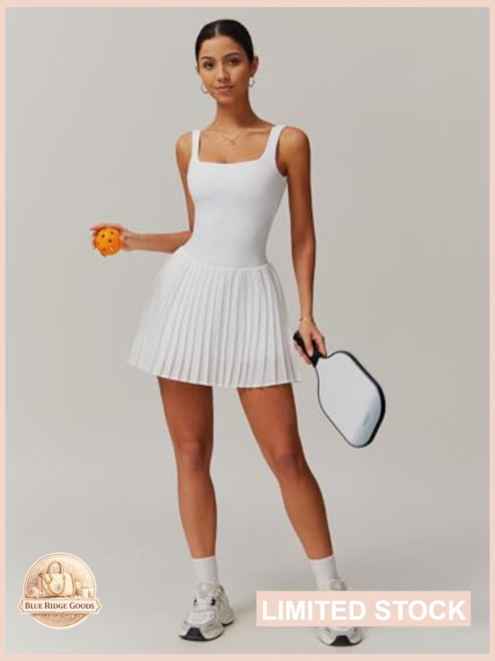 Square Neck Tennis Dress with Built-In Shorts and Pockets Pleated Backless - Picture 5 of 7